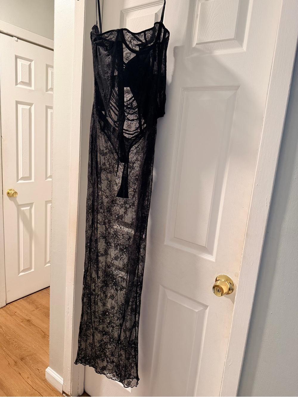 SKIMS Black Sheer Lace Maxi Chemise